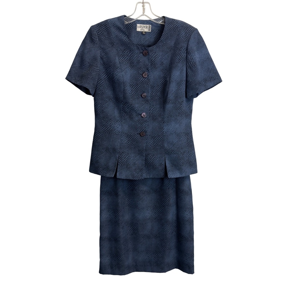 Kasper ASL Blue Snakeskin Print Suit Set Short Sleeve Blazer Pencil Skirt 6